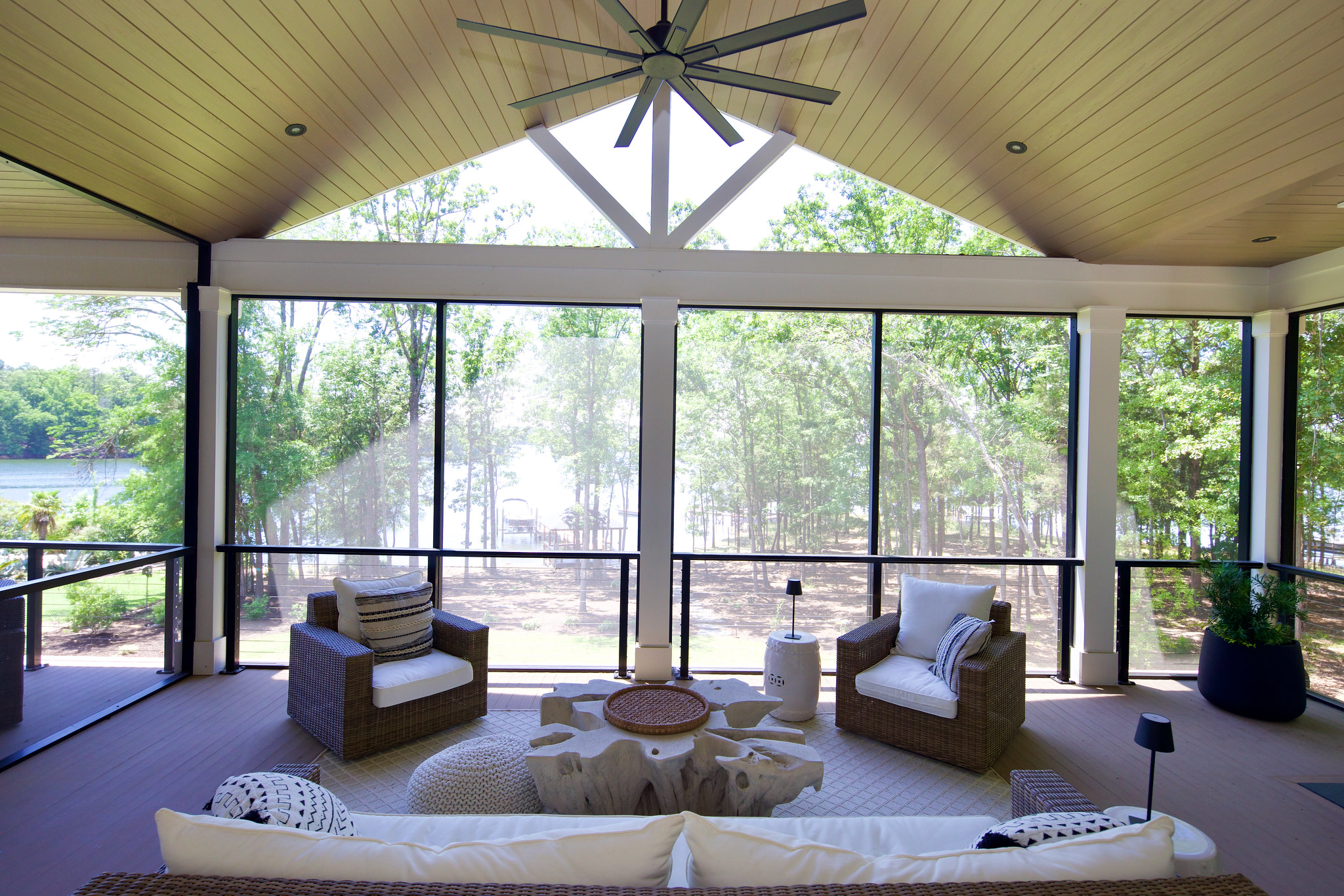 Wilson Co screened-in porch with vaulted ceiling and water view in Cayce South Carolina custom home