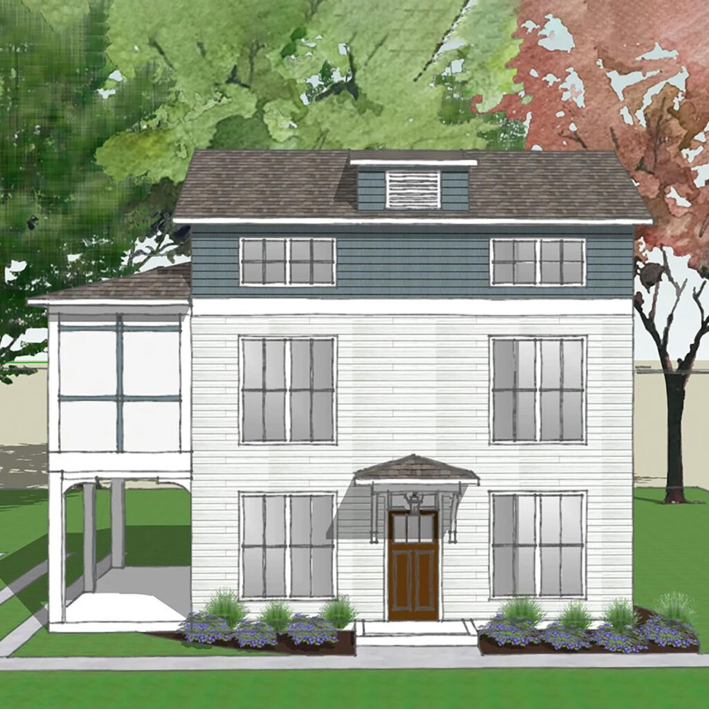 Architectural rendering of a three-story Wilson Co. home design with a covered porch, planned for a new development in Cayce, South Carolina.