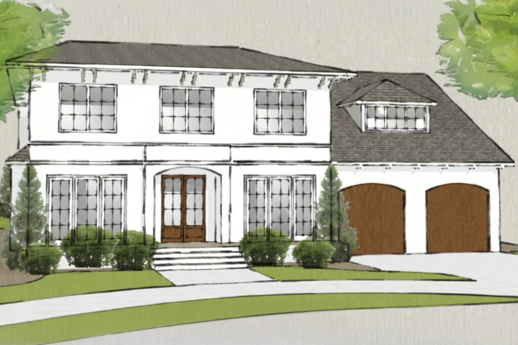 Rendering of a two-story custom home design with a symmetrical facade, central front entry, and attached two-car garage, created by The Wilson Company in Columbia, SC.